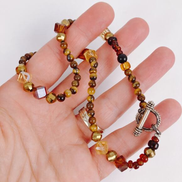 Vintage Tiger Eye Gemstone Necklace Amber Glass Beaded Choker Silver Tone Toggle - Picture 4 of 12